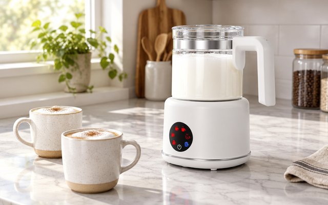 Morpilot glass milk frother, on a kitchen counter, the jug full of warm foamed milk, two mugs beside it