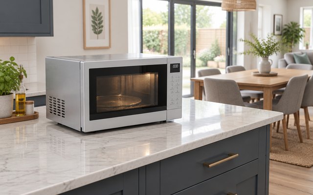 Panasonic 27L combination microwave, on a marble-effect worktop in a large open-plan British kitchen, a dining table beyond