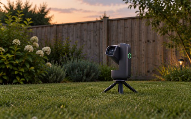DWARF Mini smart telescope, on a short tripod on a garden lawn at dusk, a wooden fence behind