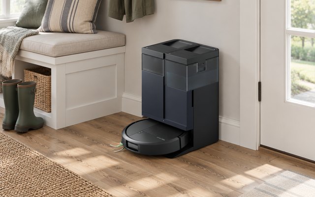 iRobot Roomba 415X robot vacuum, against the wall of a bright mudroom beside a bench and a pair of boots