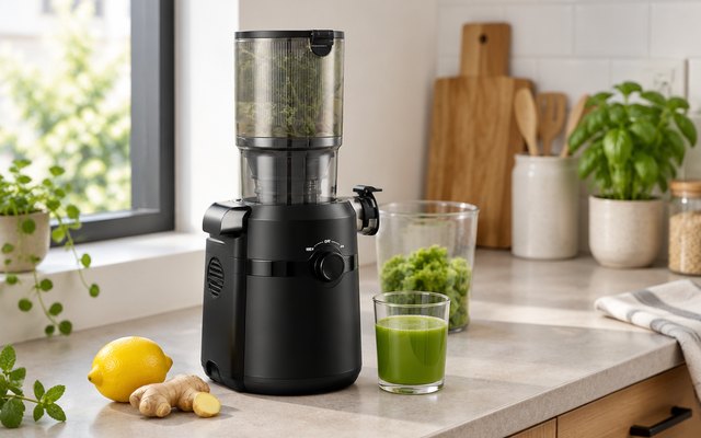 Fretta F5000 Cold Press Juicer, compact cold press juicer on a small apartment kitchen counter with a lemon and ginger and a small glass of juice