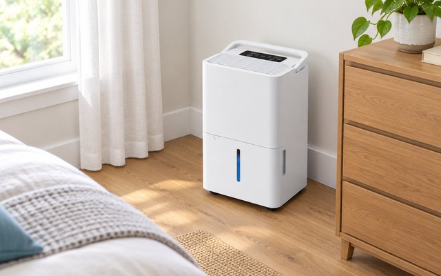 30-pint dehumidifier, standing in the corner of a bright bedroom with a wooden floor, beside a dresser