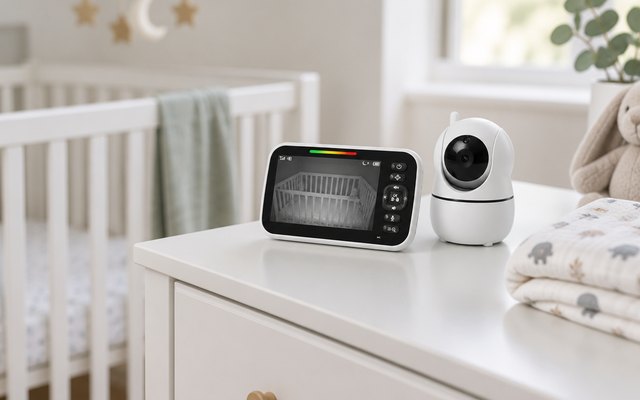 GoodBaby video baby monitor, on a white nursery dresser beside a folded muslin blanket, a crib softly out of focus behind