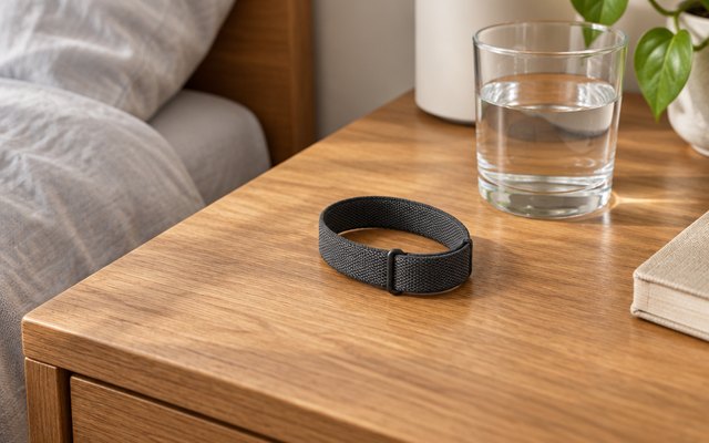 Fitbit Air activity tracker, lying on a nightstand beside a glass of water