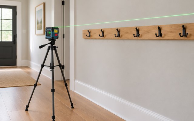 RockSeed cross line laser with tripod, in a hallway, the green line across a wall above a row of coat hooks