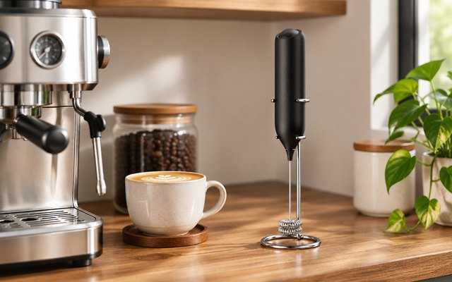 CIRCLE JOY milk frother, on a home coffee bar shelf beside an espresso machine and a latte cup