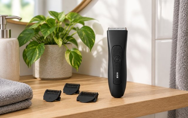 Black rounded body trimmer with guide combs on an oak bathroom shelf
