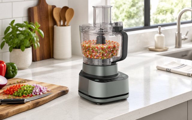 Ninja PrecisionPro food processor, on a white quartz kitchen counter beside a cutting board of chopped onions and peppers