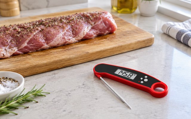 ONFIKY meat thermometer, on a kitchen counter beside a pork tenderloin resting on a board