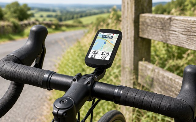 iGPSPORT BSC500 bike computer, mounted on the out-front mount of a road bike's handlebar, the bike leaning against a wooden fence on a country road