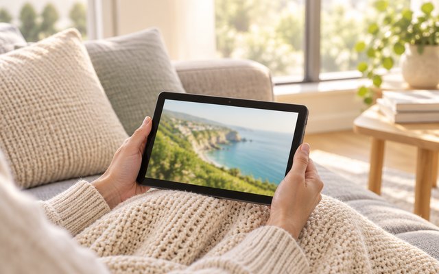 Fire HD 10 in black streaming a show on a cosy sofa