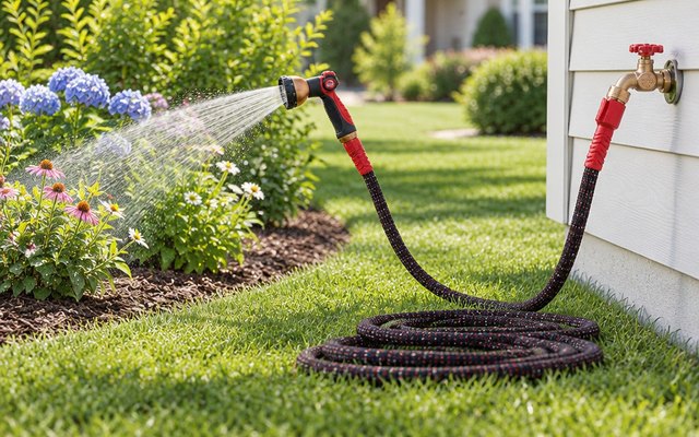 Expandable garden hose, loosely coiled on a front lawn beside a flower bed, connected to the house spigot