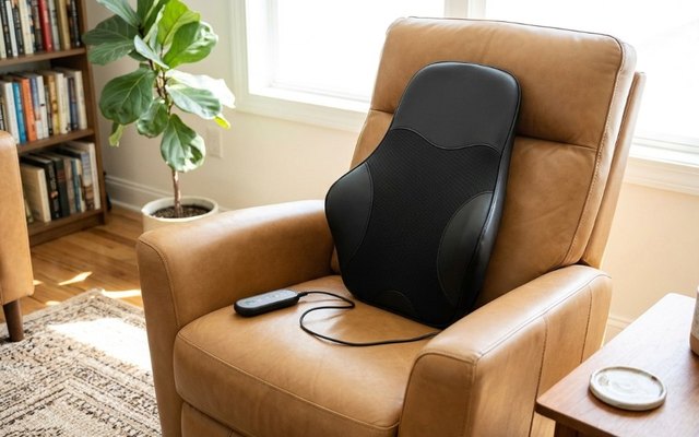 Black back massage cushion with its corded controller propped in a tan leather recliner