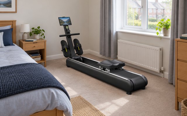 YPOO foldable rowing machine, in a small British spare bedroom beside a single bed and a window