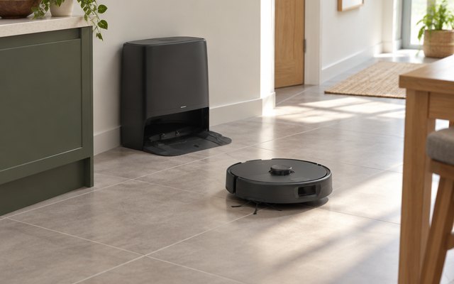 roborock Qrevo 2 Pro robot vacuum, with its dock against a hallway wall, the robot moving out across a tiled kitchen floor