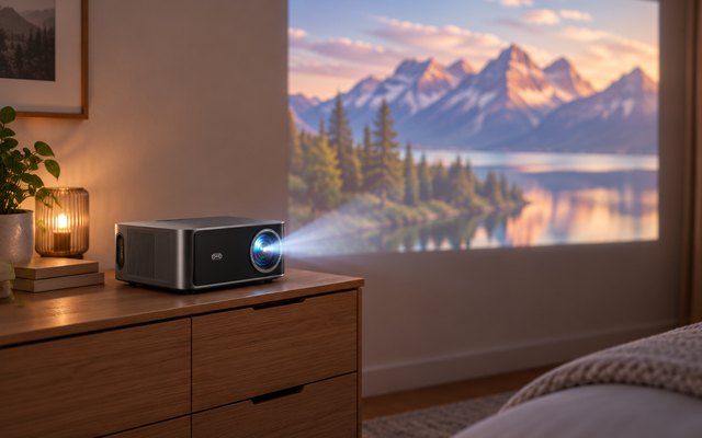 TOPTRO X9 Pro smart projector, on a bedroom dresser