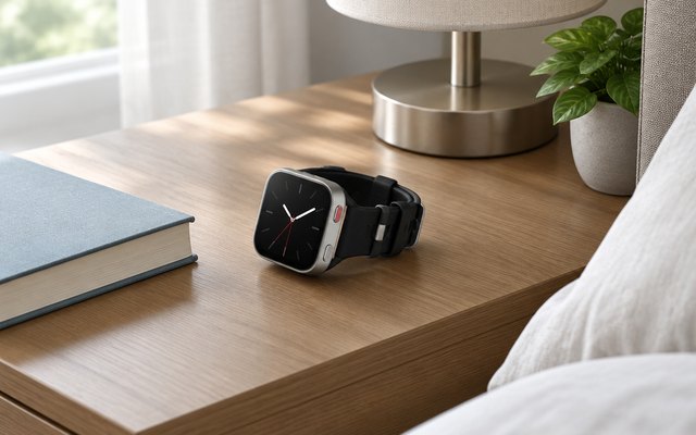 Square silver smartwatch with a black band on a bedside table