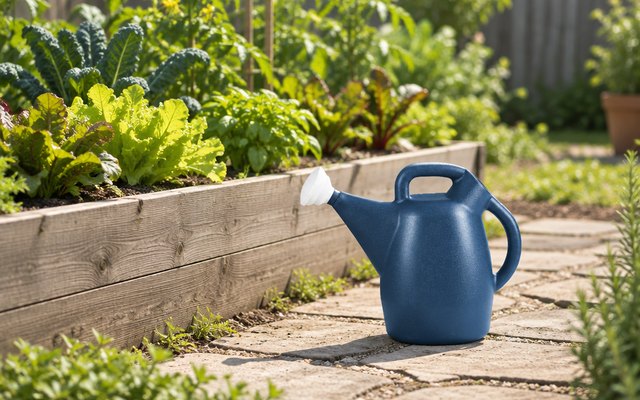 Chapin 2-gallon watering can, on the path beside a raised vegetable bed in a sunny backyard