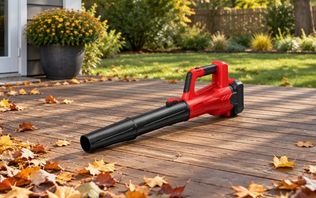 VIBOGEN cordless leaf blower, resting on a wooden backyard deck scattered with a few fall leaves