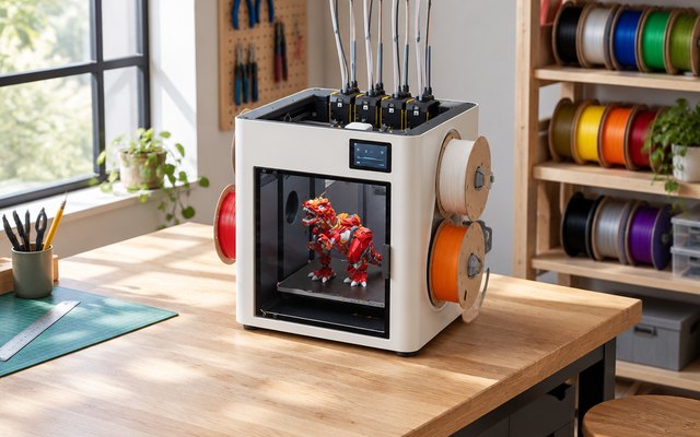Snapmaker U1 3D printer, on a sturdy workbench in a bright home maker room, spools of filament on a shelf