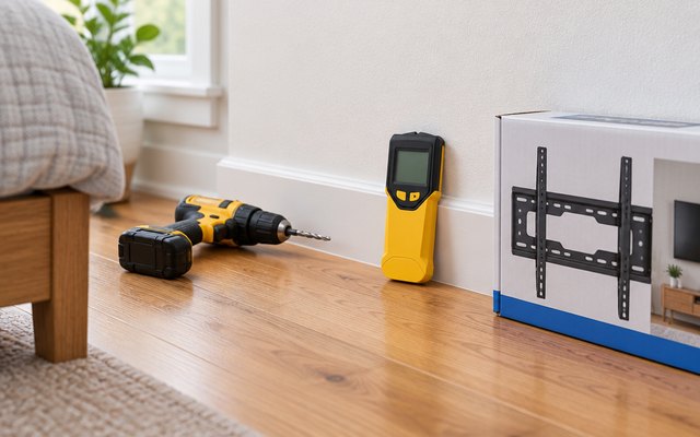 JAXWQ TH410 stud finder, on a hardwood bedroom floor against the wall beside a drill and a boxed TV wall mount