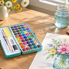 ARTISTRO watercolor set, on a kitchen table beside a watercolor painting of flowers and a jar of water