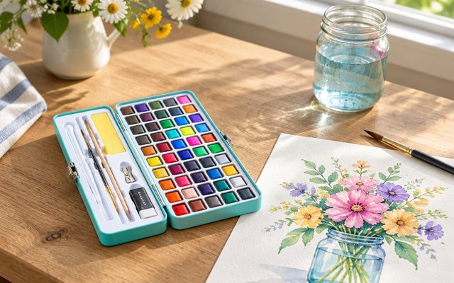 ARTISTRO watercolor set, on a kitchen table beside a watercolor painting of flowers and a jar of water