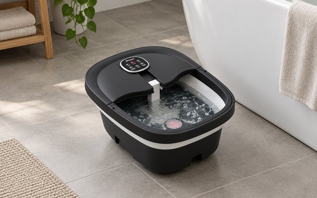 HOSPAN collapsible foot spa, on a bathroom floor beside a bathtub