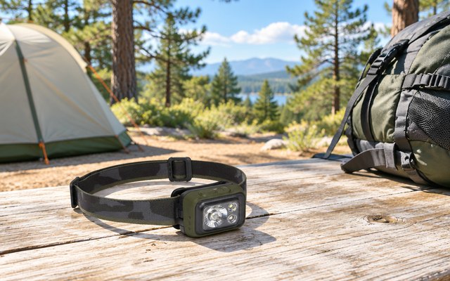 Black Diamond Spot 400 headlamp, resting on a picnic table at a sunny campsite beside a tent and a hiking backpack