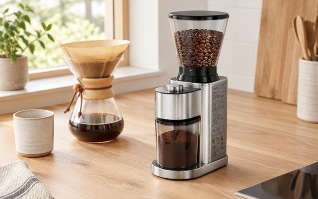 Aromaster conical burr grinder, on a light oak counter in a Scandinavian-style kitchen beside a pour-over coffee maker