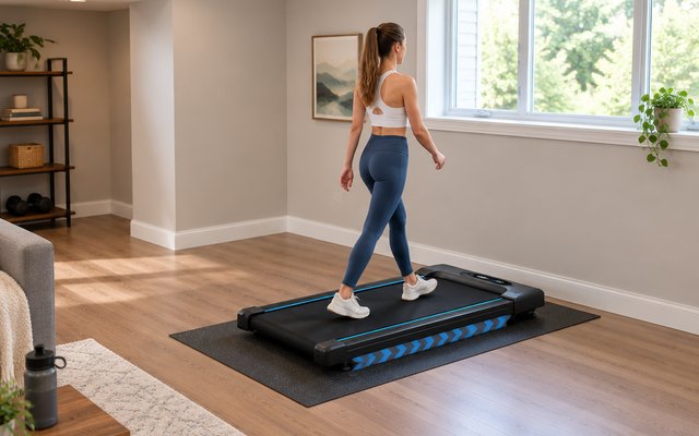 CHAOKE walking pad, on a rubber mat in a finished basement beside a window