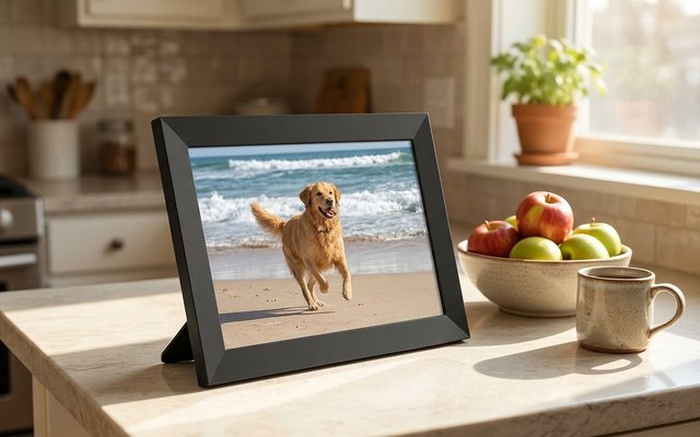 A black 10-inch digital photo frame on a sunny kitchen counter showing a dog running on a beach, beside a bowl of apples and a mug