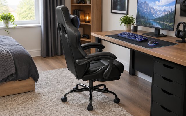 N-GEN GAMING gaming chair, at a gaming desk in a bedroom