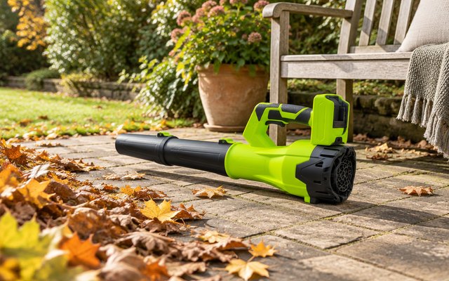 laapee cordless leaf blower, on a stone patio beside a garden bench and autumn leaves