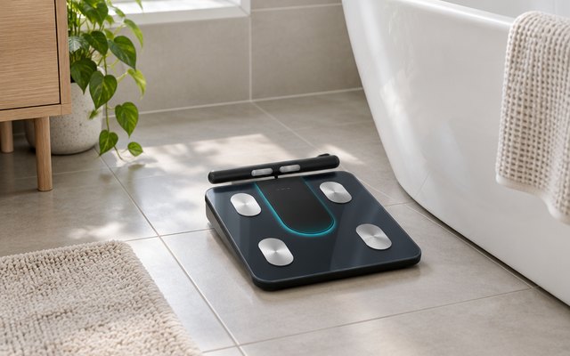 arboleaf smart scale with handle, on a bathroom tile floor beside a bathtub