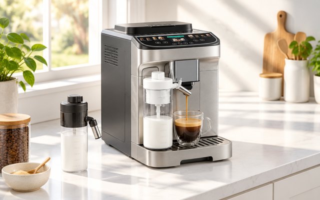 De’Longhi Magnifica Duo Super-Automatic Espresso Machine, super-automatic espresso machine on a white kitchen counter with a fresh espresso cup under the spout,