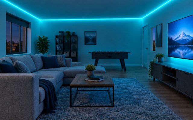 An LED strip glowing round the top of a games room