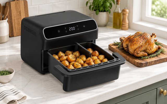 Wide black air fryer with one big drawer on a bright kitchen counter