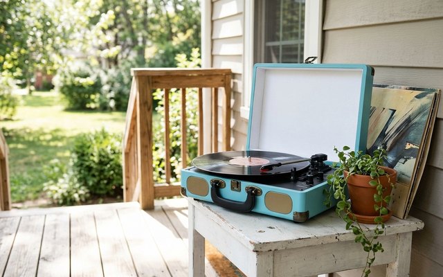 A turquoise suitcase record player open on a white side table on a sunny front porch