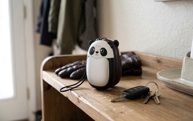 Panda-design rechargeable hand warmer on an entryway table beside leather gloves and car keys