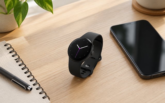 Google Pixel Watch 5, lying on a desk beside a phone and a notebook