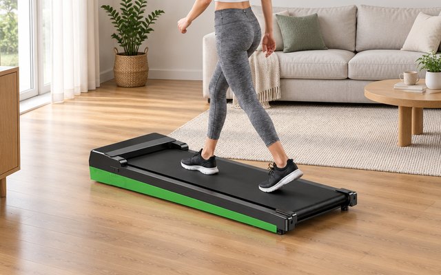 Wilpkracy walking pad, on a wood floor in a living room in front of a sofa
