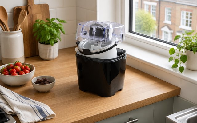 Duronic ice cream maker, on a small worktop by the window of a compact kitchen