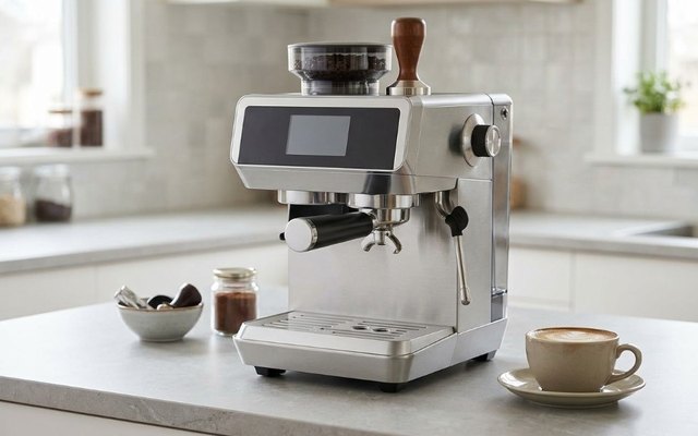 Silver espresso machine with a bean hopper and touchscreen on a grey stone counter beside a cappuccino
