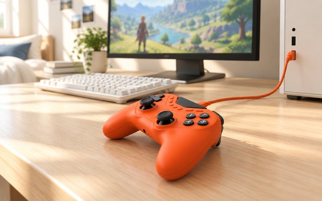 GameSir Tarantula 8K, wired to a PC on a bright bedroom gaming desk