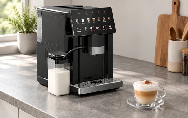 EUHOMY Super-Automatic Espresso Machine with Milk Frother, espresso machine with its milk carafe on a gray stone counter beside a cappuccino in a glass cup