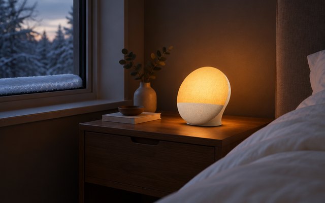 A round linen sunrise lamp glowing on a bedside table before dawn