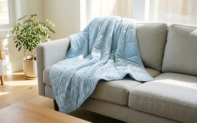 Light blue weighted blanket with raised dots draped over a grey sofa in a sunny living room