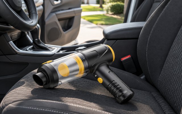 Svoko 4-in-1 Cordless Car Vacuum, handheld car vacuum resting on the driver seat of a clean car, door open on a sunny driveway