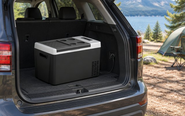EUHOMY 12V electric cooler, in the open back of an SUV at a campsite, plugged into the car